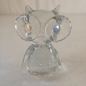 Owl Vintage Blown Glass Clear with large eyes 1 pound paperweight decor